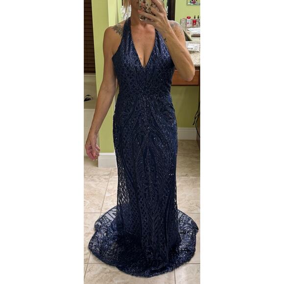 Abby Paris 90011 Formal midnight blue Glitter Gown 8 halter open back NWT $269 - Picture 4 of 14